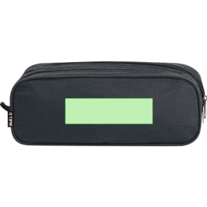 A black pencil case with a green rectangular area on the front, featuring a zip closure and branding.