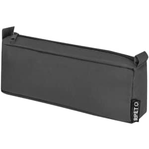 A grey pencil case with a zipper, featuring a small logo. It has a simple rectangular design and two handle tabs.