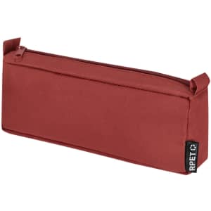 A rectangular pencil case in a rich terracotta colour with a zip closure and a logo on the side.