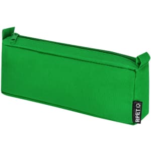 A green pencil case with a zip closure, featuring a small logo on one side.