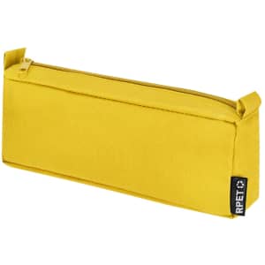 A yellow pencil case with a zipper closure and side handles, featuring a logo on the side.