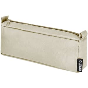 A beige pencil case with a zipper, featuring a small logo on the side. Ideal for storing stationery items.