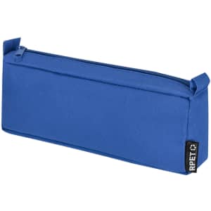 A blue pencil case with a zip closure and a tag, made from recycled materials.