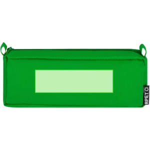 A green pencil case with a rectangular section for labels and a logo on the side.
