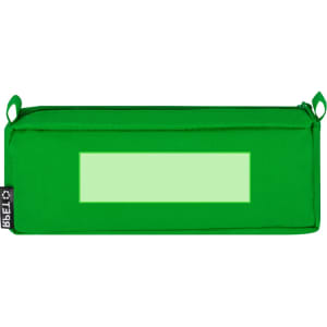 A green pencil case with a blank rectangular area and a logo on the side.