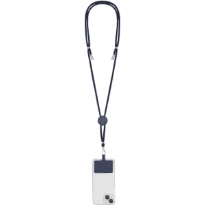 A navy blue lanyard with a holder, designed to securely attach to a phone or ID.