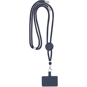 A navy lanyard with a place for a name tag, featuring a round adjuster and metal clip.