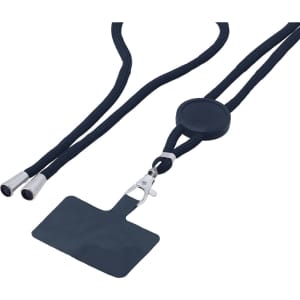 A dark blue lanyard with a circular attachment and a rectangular ID holder. It features metal tips at each end.