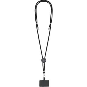 A black lanyard with an adjustable slider and a rectangular attachment at the bottom, featuring a logo.