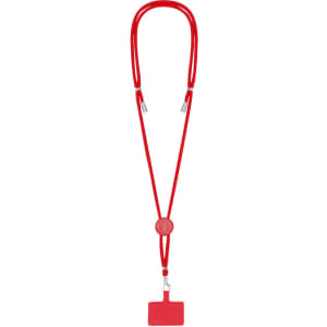 A bright red lanyard with an adjustable slider and a square holder at the end. It features a logo.