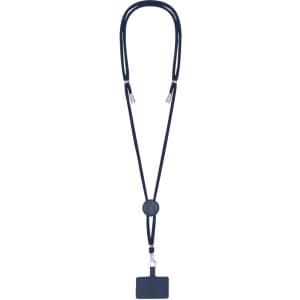 A navy lanyard with a square holder at the end, featuring a logo. Ideal for exhibitions and events.