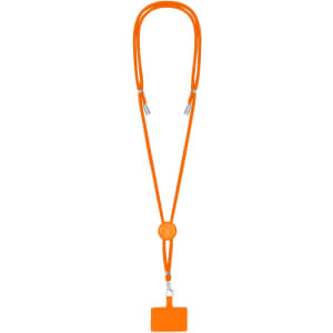 An orange lanyard with a square holder and adjustable sliders, designed for exhibitions and events.