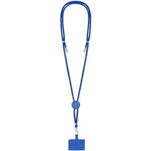 A blue lanyard with a rectangular holder at the bottom and a circular adjuster in the centre. It features a logo.