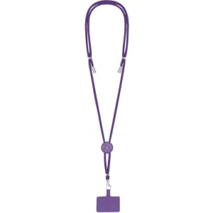 A purple lanyard with an adjustable slider and a square holder for attaching identification or badges.