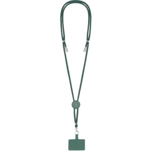 A green lanyard with adjustable cord and a square identification holder at the end. It features metal clips.