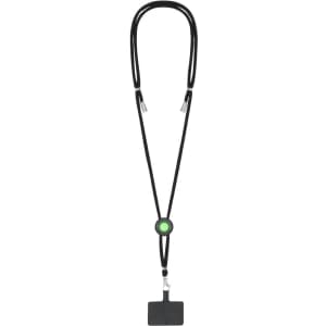 A black lanyard featuring a circular green accent and a rectangular holder at the end.