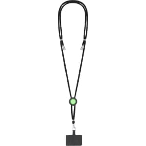 A black lanyard with a green circular feature at the centre and a rectangular attachment at the bottom.