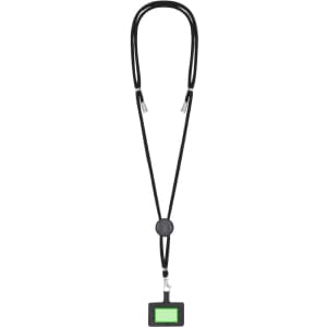 A black lanyard with an adjustable cord and a rectangular holder, featuring a green insert.