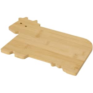 A bamboo cutting board shaped like a cow, featuring a natural wood finish and a simple design.