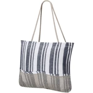 A striped tote bag in navy and white with a mesh lower section and rope handles. It features a logo on the side.