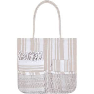 A beige and white striped toiletry bag with handles, featuring a pocket and a mesh section. It has a logo.