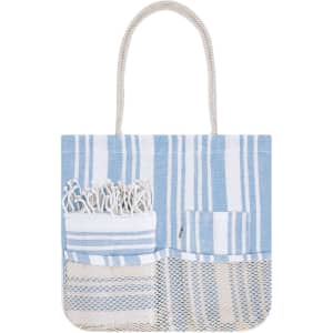 A blue and white striped toiletry bag with multiple pockets and rope handles. Features a mesh bottom for ventilation.
