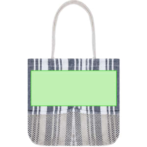 A striped toiletry bag in navy and white, featuring a mesh bottom, with a light green panel. Includes a rope handle.