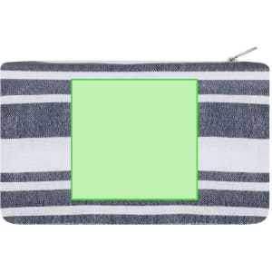 A striped toiletry bag featuring navy blue and white colours with a green square area for customization.