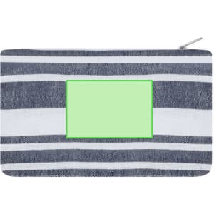 A striped toiletry bag in navy and white with a textured surface and a zip closure. It features a blank space for branding.