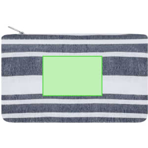 A striped toiletry bag with navy blue and white stripes, featuring a blank space for branding or label.