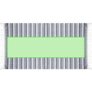 A striped grey and white towel featuring fringed edges and a blank green centre. Includes a logo.