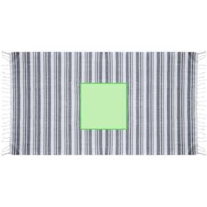 A striped grey and white beach towel with a bright green central square, featuring tasselled edges.