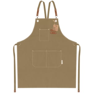A khaki apron with adjustable straps, featuring multiple pockets and a branded tag.