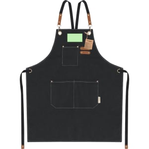 A black Fonor apron featuring adjustable straps and multiple pockets, with leather accents and a branding logo.