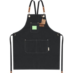 A black apron with leather accents, featuring adjustable straps and a front pocket. It has a branding logo.
