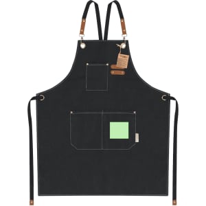A black apron with multiple pockets and leather accents, featuring adjustable straps and a logo.