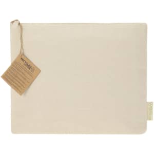 A beige insulated beauty bag with a zip closure and a tag, made from recycled materials.
