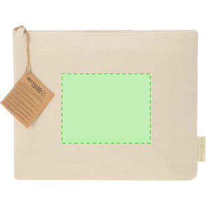A cream insulated beauty bag with a blank green-framed area and a tag featuring a logo.