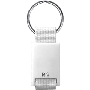 A keyring featuring a metallic loop and a white rectangular body with a textured strap. The product has a logo.