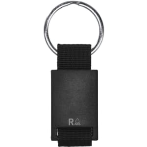 A black keyring featuring a metal ring and a rectangular body made of ABS plastic, with a fabric loop.