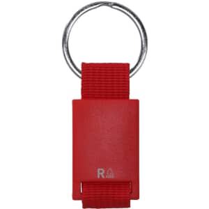 A red keyring with a metal ring and a rectangular plastic tag. The tag is attached with a sturdy strap.