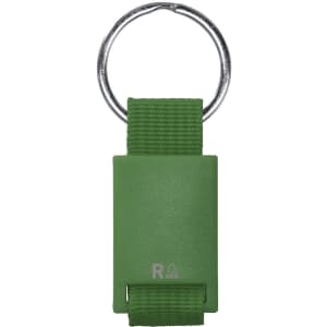 A green keyring featuring a rubberised body and a metal keyring attachment. The product has a logo on the side.