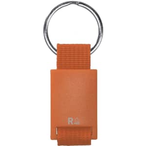An orange keyring with a textured strap and a metal ring, featuring a small logo on the surface.