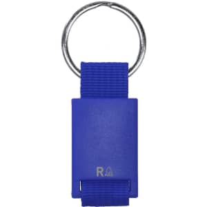 A blue keyring featuring a rectangular body attached to a metal ring. It includes a logo on the front.