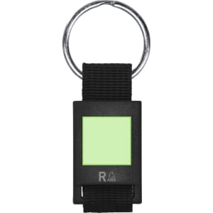 A black keyring with a rectangular green display area and a metal keyring attachment.