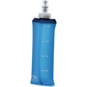 A drink bottle in a translucent blue colour with measurement markings and a cap. It features a logo on the side.