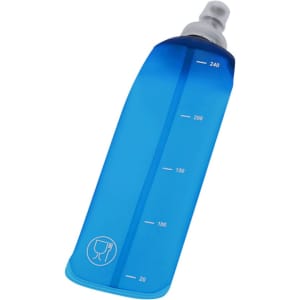 A drink bottle in translucent blue with measurement markings and a top that features a spout. It has a logo.
