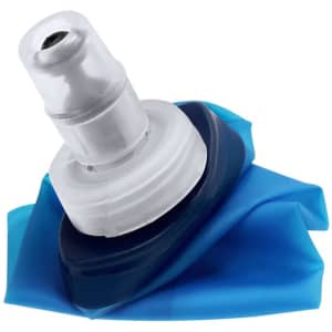 A blue foldable drink bottle with a silver nozzle and a flexible, crumpled design. It features a logo.