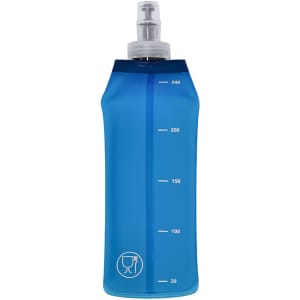 A drink bottle in blue, featuring measurement markings and a spout cap. It has a logo on the front.