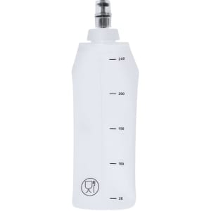 A drink bottle in white with measurement markings and a spout, featuring a logo.